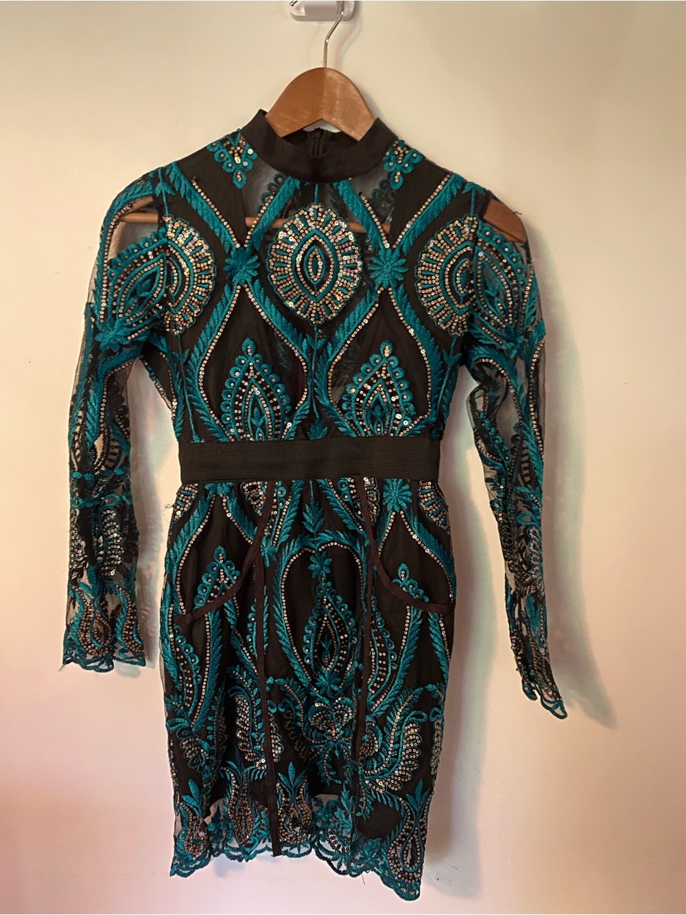 Embellished Teal & Black Lace Sheath Dress